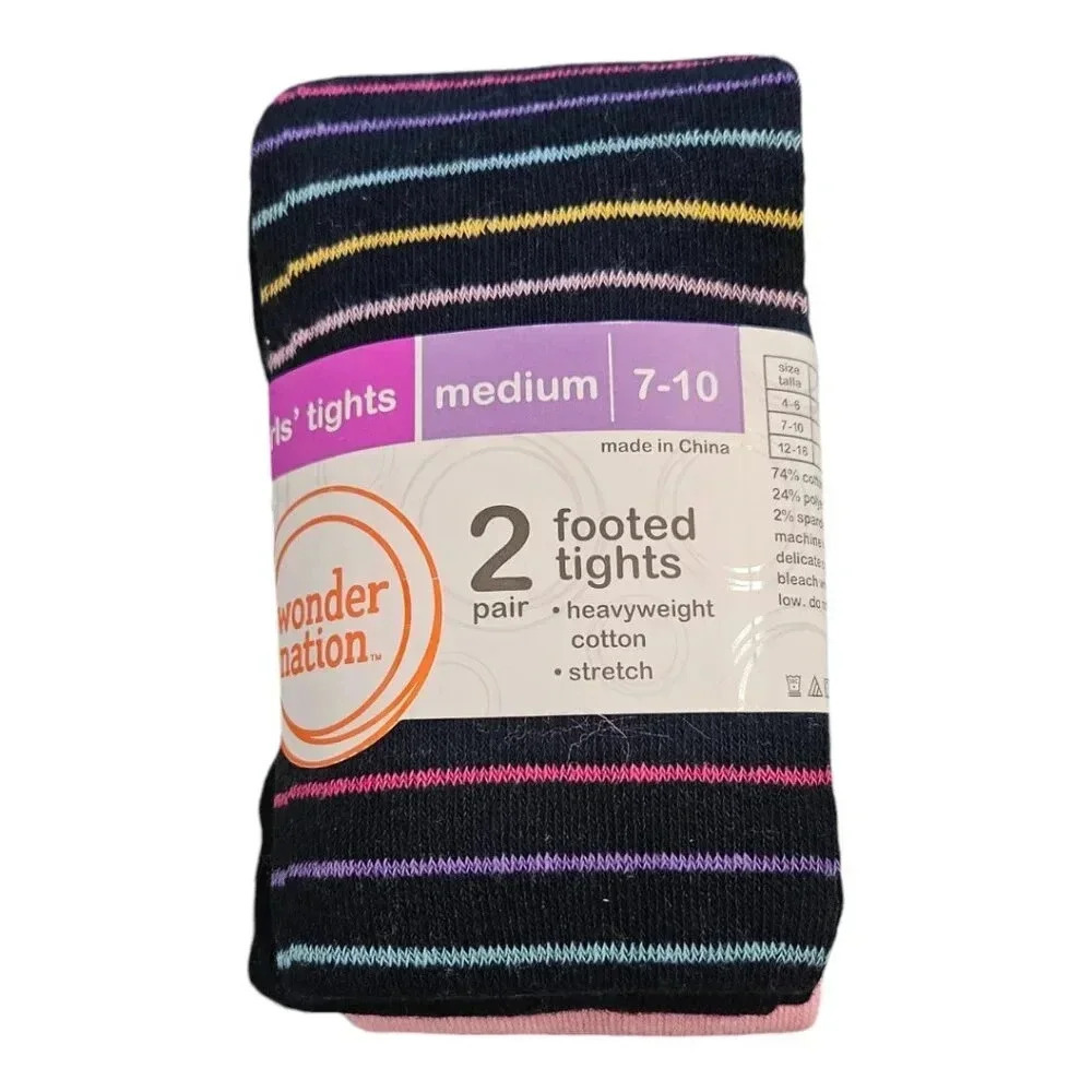 Girls MEDIUM 7-10 Navy Blue with 70s Stripes and Bubblegum Pink Tights Set of 2